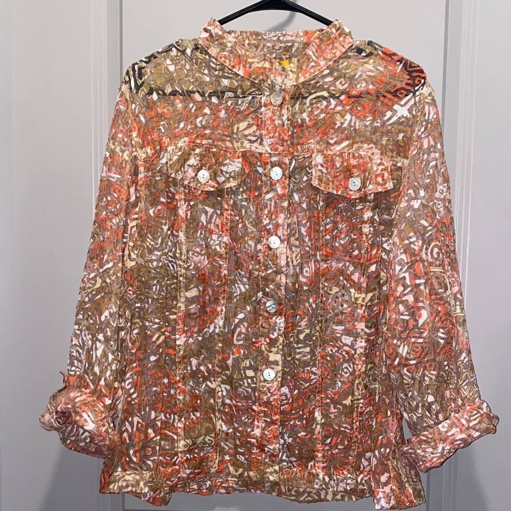 Ruby Rd Sheer Mesh Blouse Multicolor Abstract Boho Western Layer Top 16W